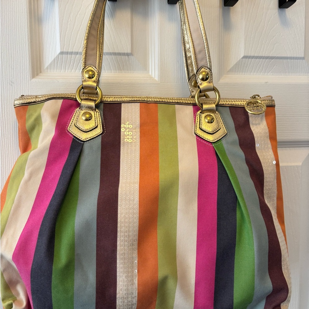 Coach Poppy L1071-16326 Heritage Legacy Stripe w Sequins Large Tote in EUC (#3) - Picture 7 of 14